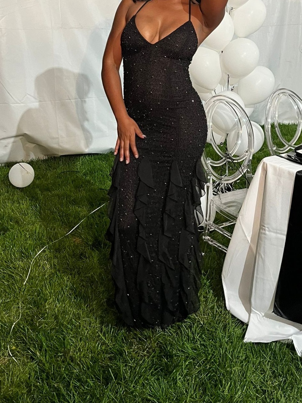 Oh Polly Black Sequin Ruffle Maxi Dress with V-Neck